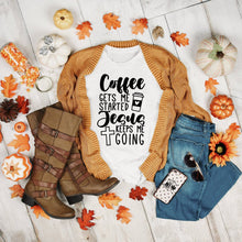 Load image into Gallery viewer, Coffee Gets Me Started Jesus Keeps Me Going Unisex Shirt