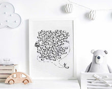 Load image into Gallery viewer, Jesus Leaves the 99 Sheep Poster Print, Jesus Art, Bible Art, Jesus Good Shepherd, WALL Art, Rejoices over One Lost Sheep Christian Nursery, Girl Christian Nursery, Christian Art Christ LDS Gift, baptism gift, He left the 99, matthew 18:12, Luke 15:10, bible sketch, christian sketch
