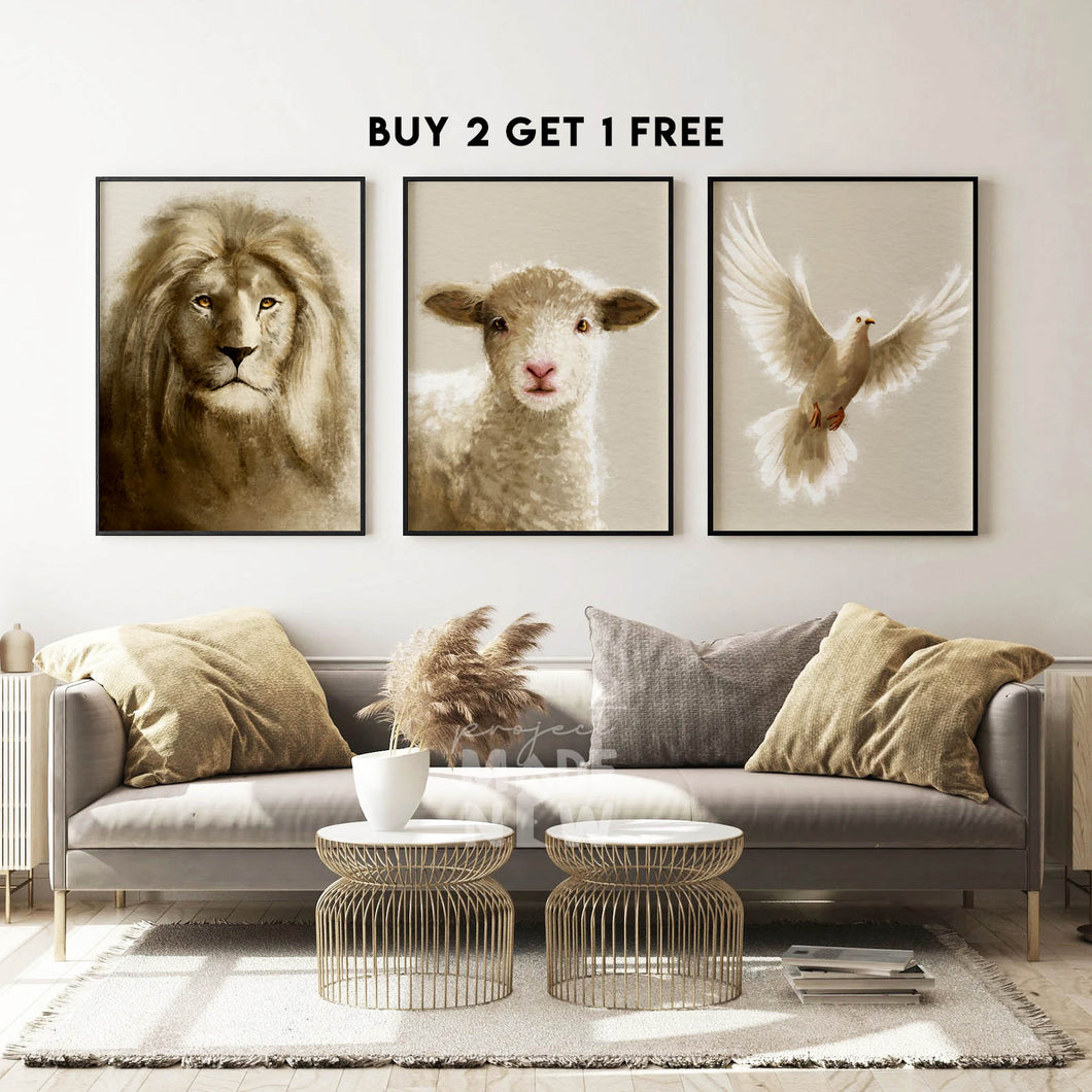 Set of 3 FRAMED PRINT (Lion+Lamb+Dove)