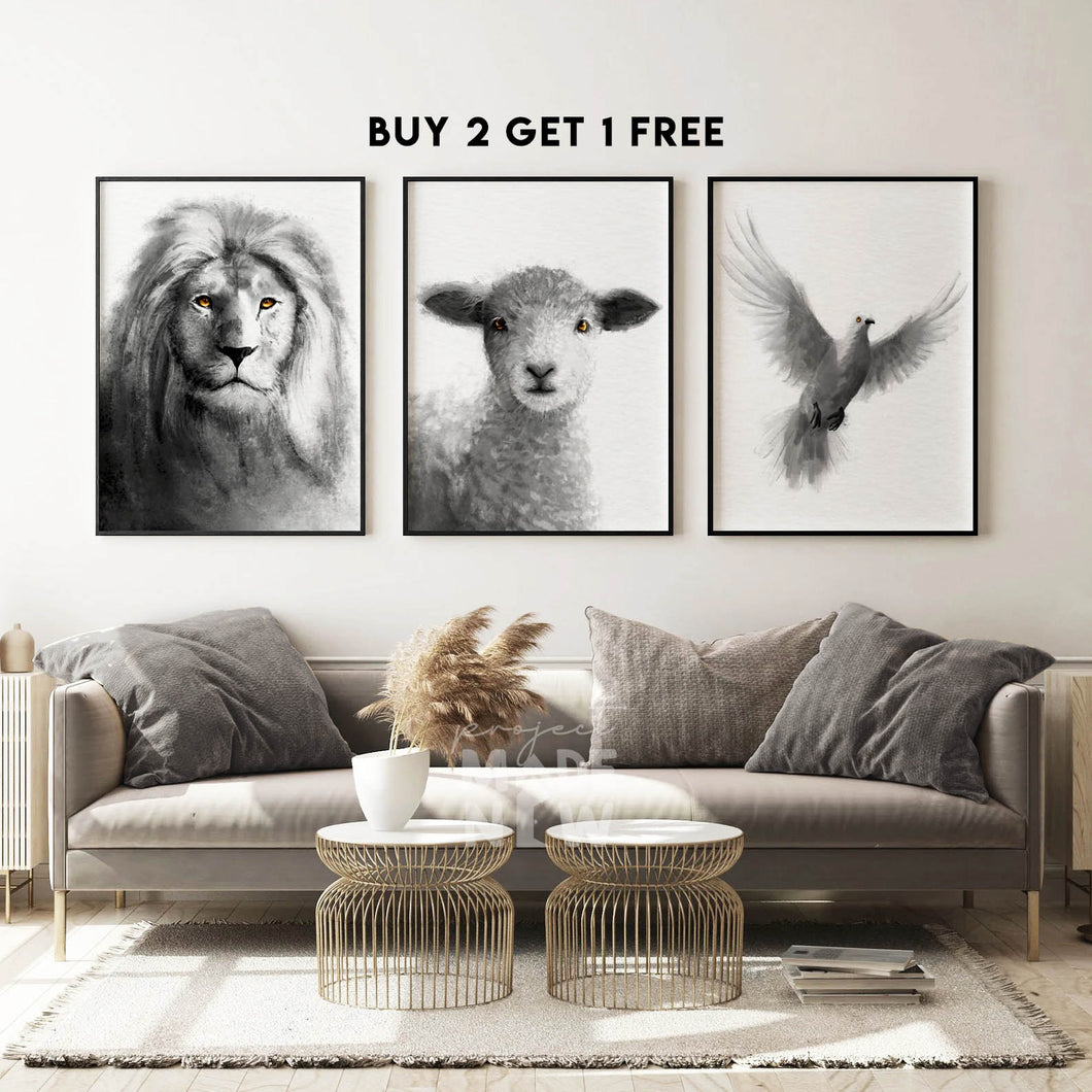 Set of 3 FRAMED PRINT (Lion+Lamb+Dove)